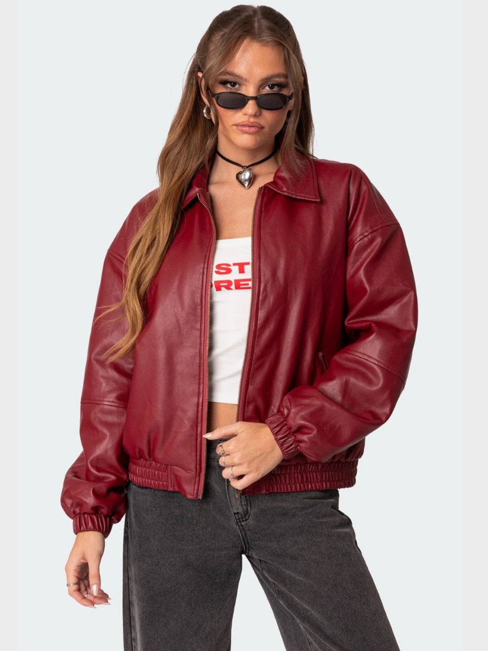 Edikted Burgundy Faux Leather Bomber Jacket